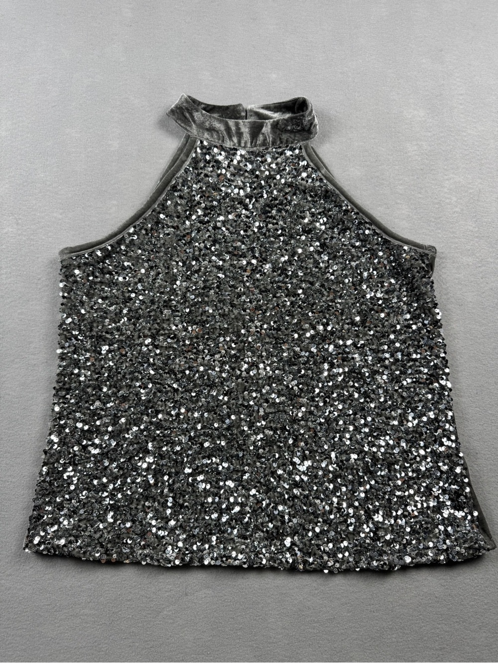 Cable & Gauge Silver Sequin Velvet Large Halter Top Blouse Sparkle Party Shiney